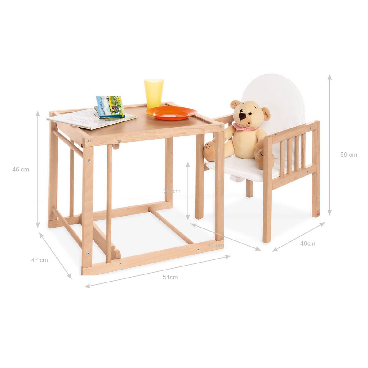 Combinatie van high stoel "Lene", helder gelakt