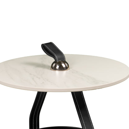 Bijzettafel met Stenen Blad - Zwarte Leren Mand