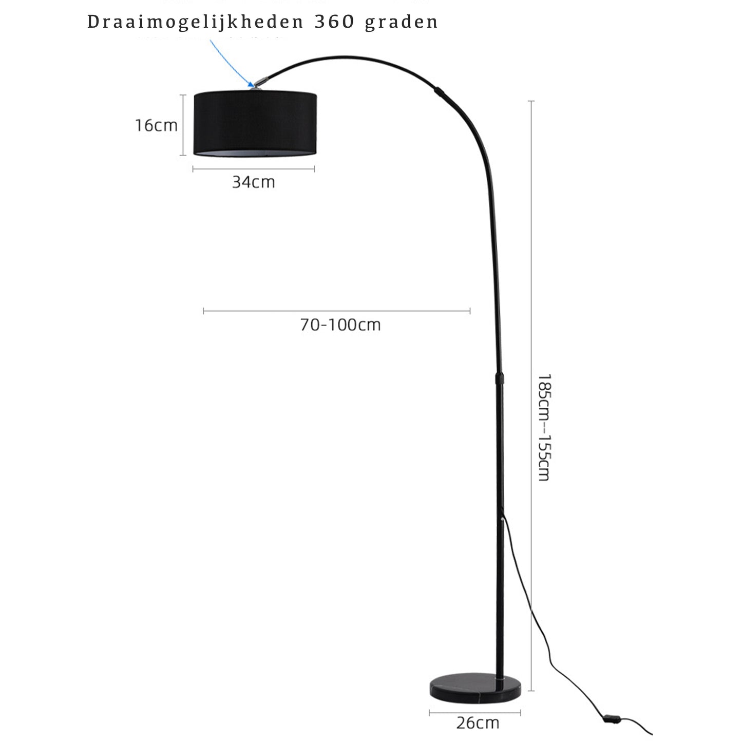 Staande Booglamp met zwarte linnen Kap