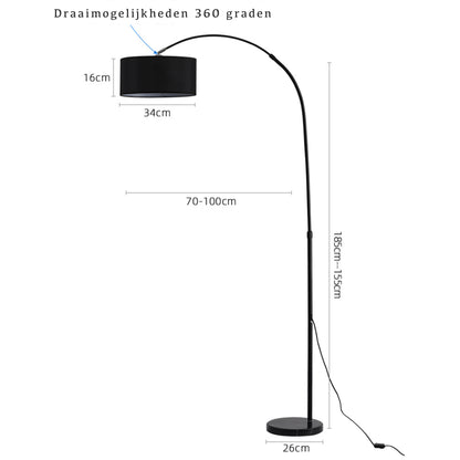 Staande Booglamp met zwarte linnen Kap